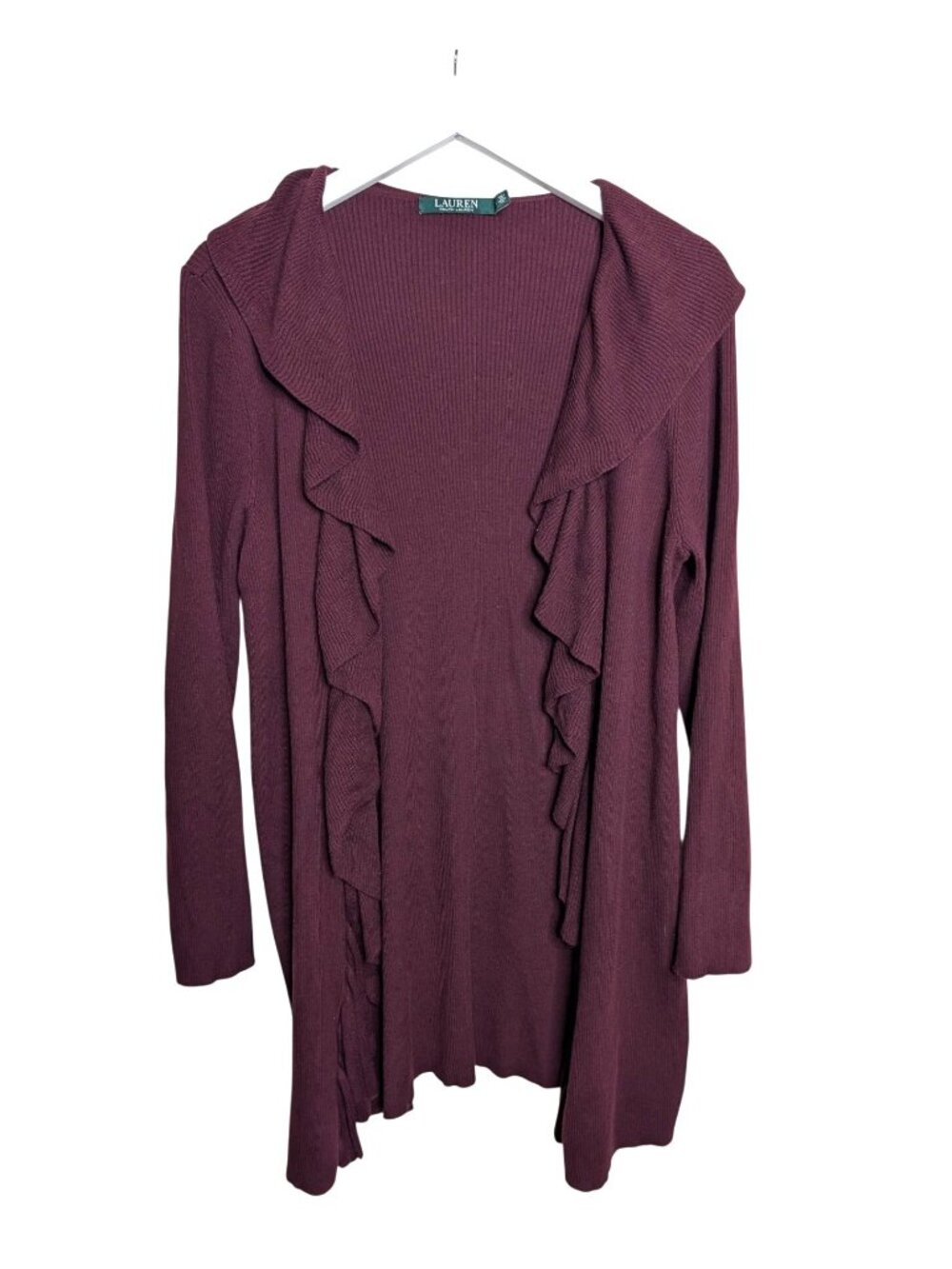 Lauren Ralph Lauren Womens Cascade Ruffle Ribbed Cardigan Sweater Red Size L